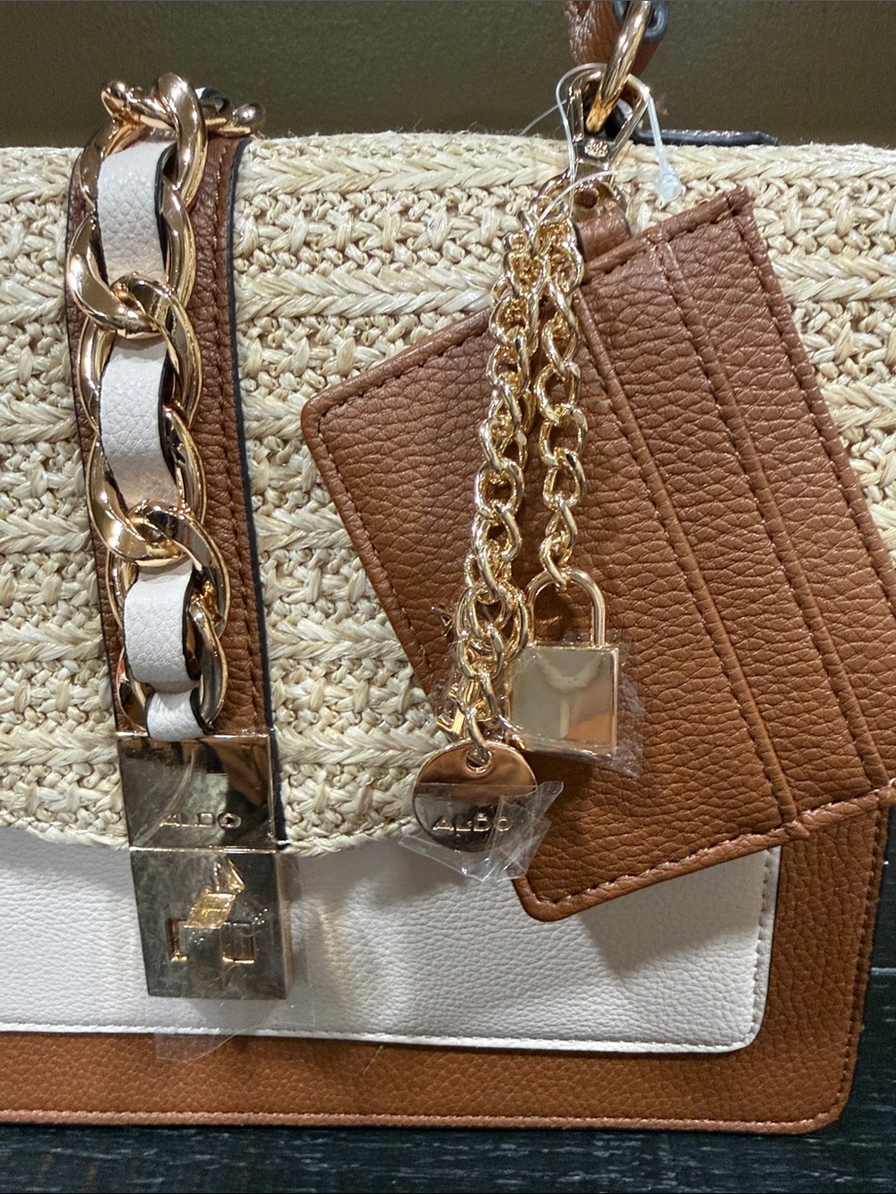 ALDO Tan, Cream & Straw Woven Top-Handle Satchel with Cardholder - Picture 8 of 8